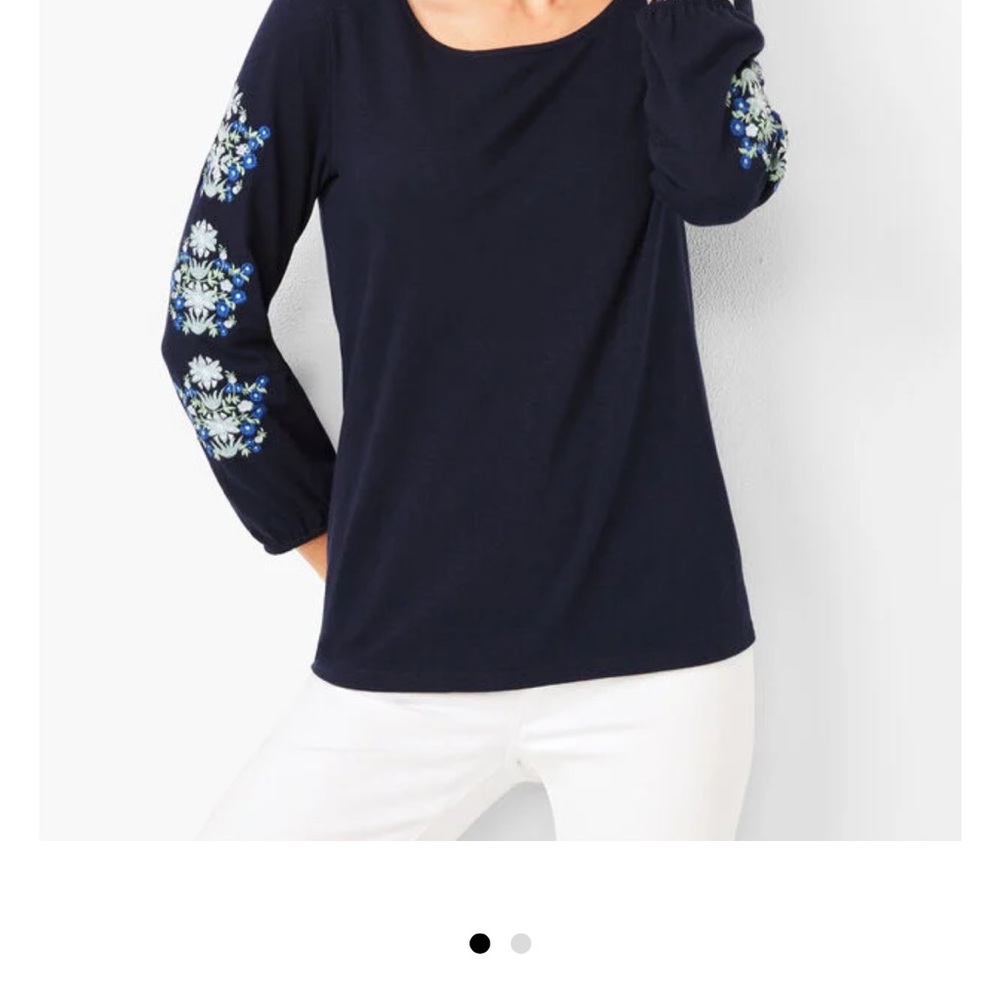 Talbots Navy Peasant Blouse with Blue Floral Embroidery Sleeves Size 2Xp